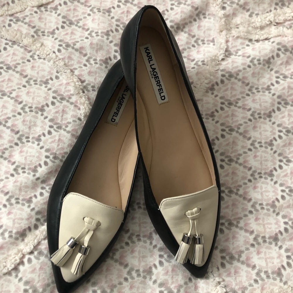 Karl Lagerfeld Black and Cream Tassel Pointed Toe Flats NWOT 10M